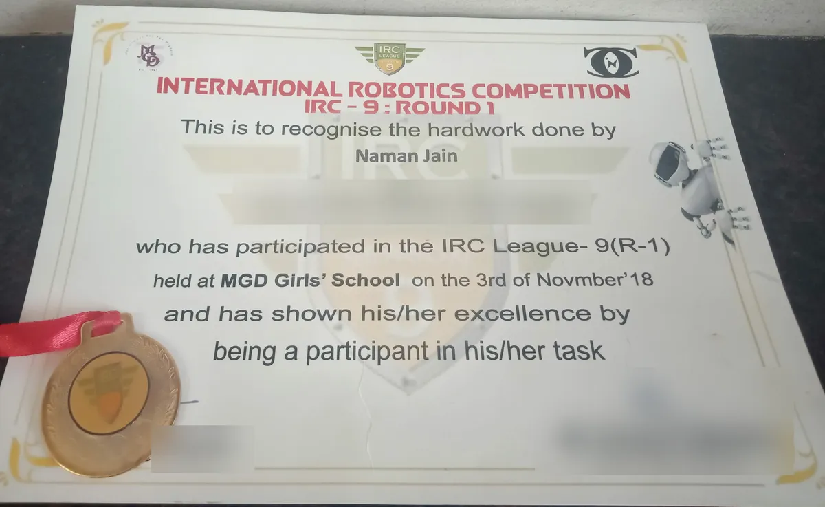 My certificate and medal from round 1 of the IRC League, season 9, held on 3 November 2018.