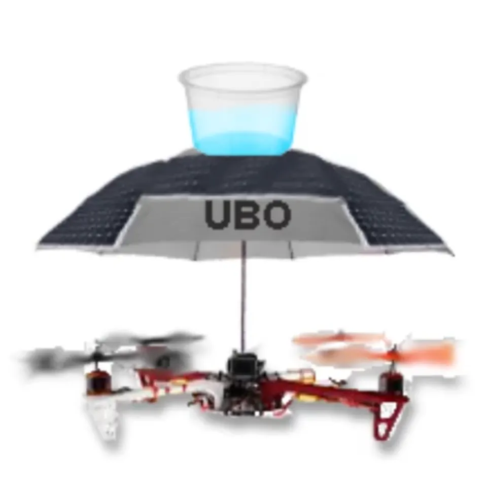 UBO as I pictured it: a drone carrying an umbrella with a solar panel top and a basket on it.