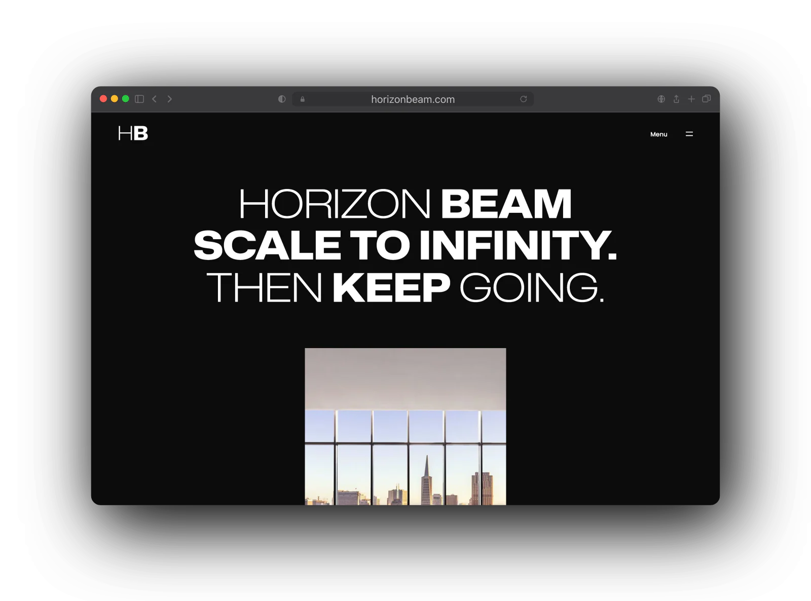 Horizon Beam's website: the HB mark, the headline Horizon Beam, Scale to infinity, Then keep going, and a window view of the San Francisco skyline.