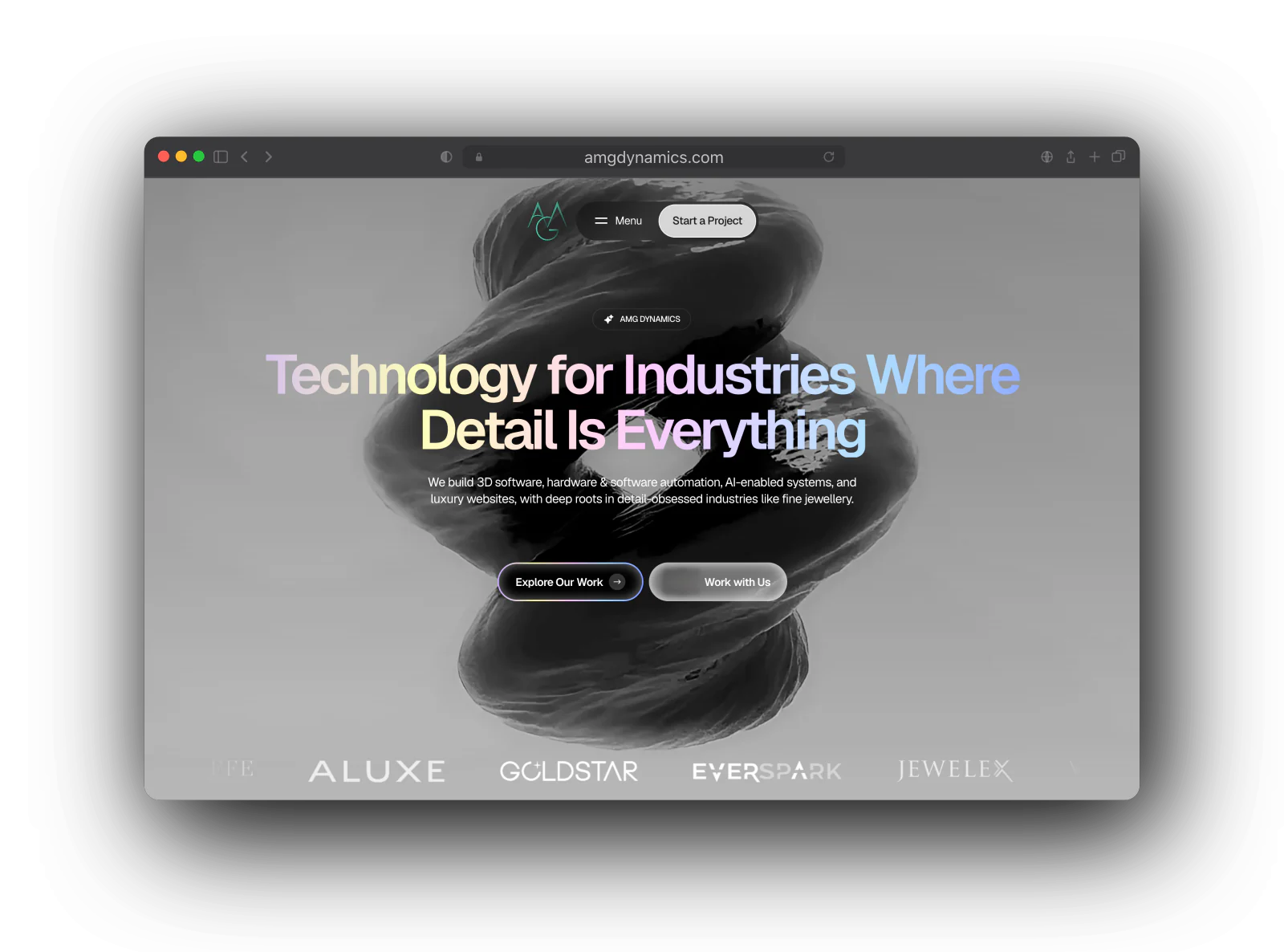 AMG Dynamics homepage: a dark sculpted 3D form behind the headline Technology for Industries Where Detail Is Everything, two buttons, and on desktop a client logo row with Aluxe, Goldstar, Everspark and Jewelex.