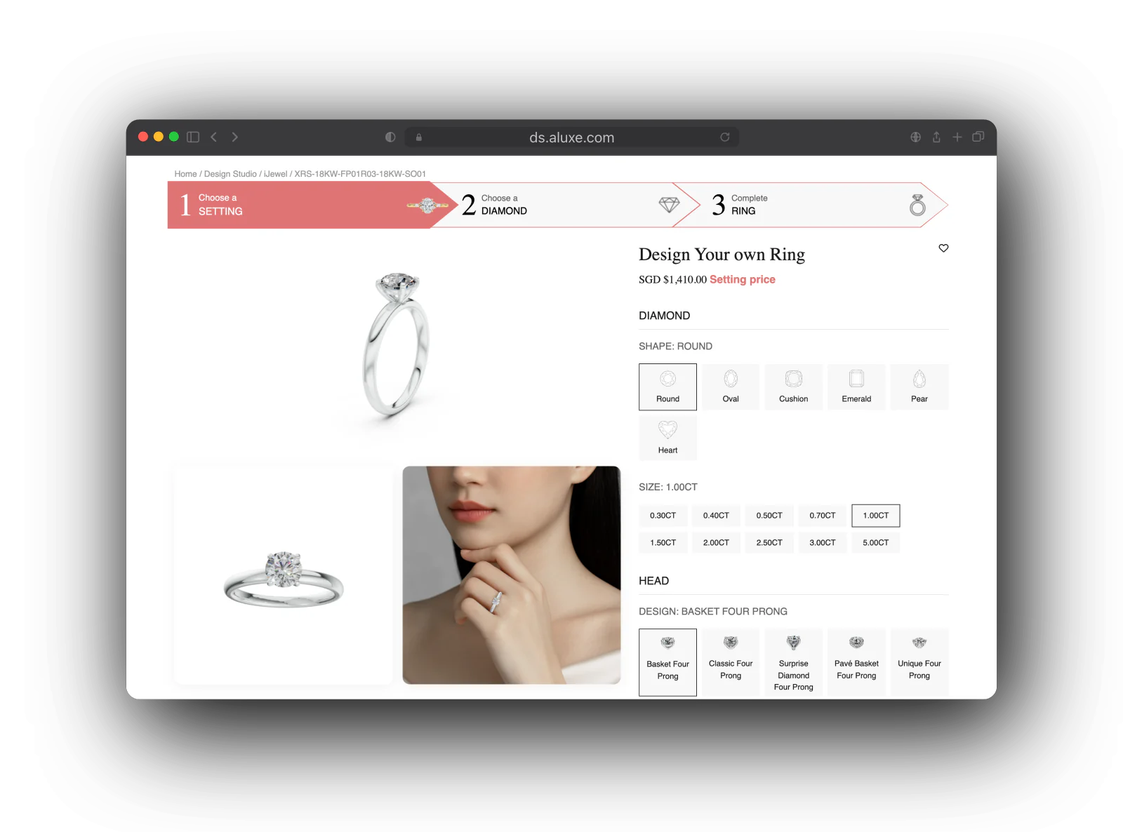 Aluxe's Design Your Own Ring studio: a white gold solitaire in 3D, a second angle, and the ring shown on a model's hand, beside the diamond shape, carat and head options.