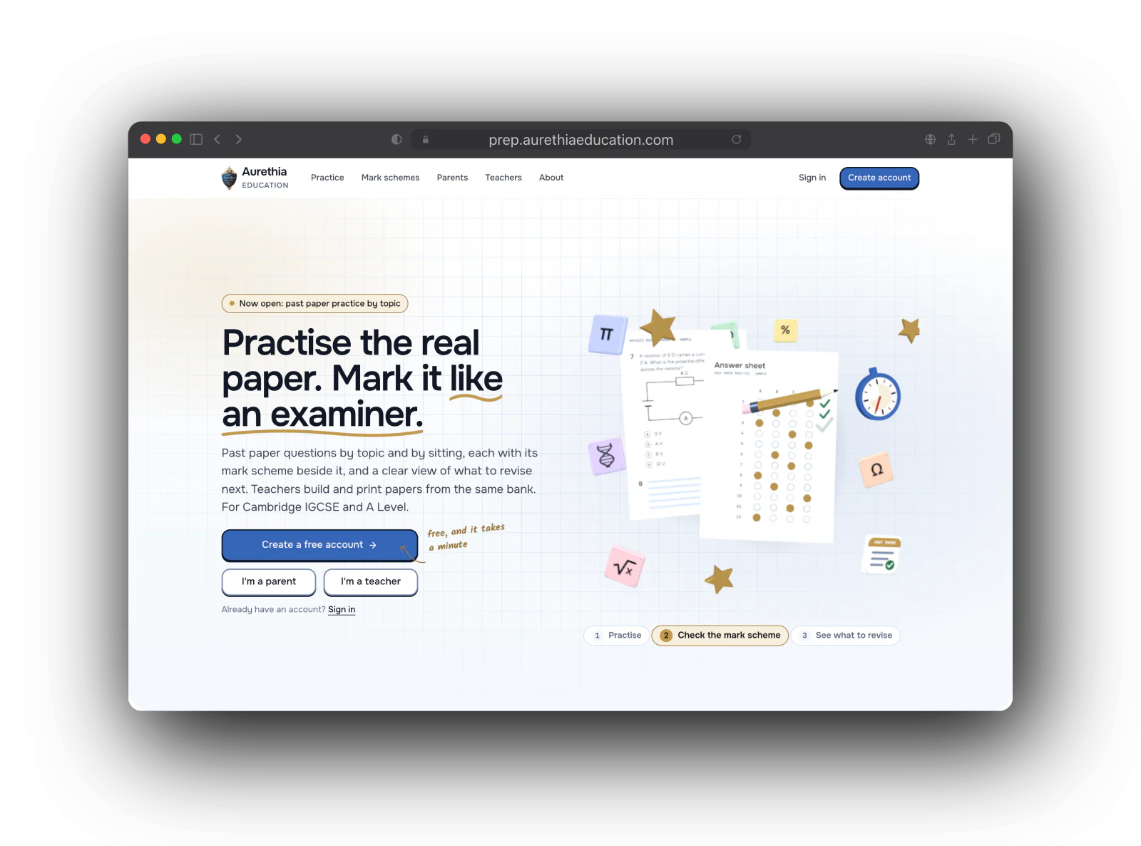 The Aurethia Education home page: Practise the real paper, mark it like an examiner, with sign up buttons for students, parents and teachers beside an illustrated past paper and answer sheet.