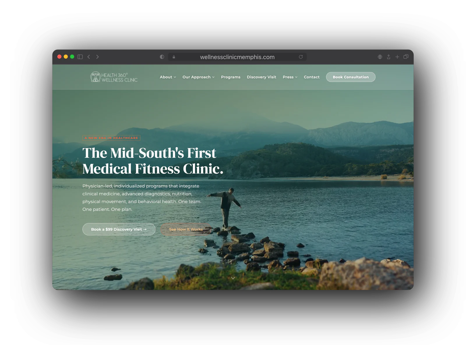 The Health 360 Wellness Clinic home page: The Mid-South's First Medical Fitness Clinic, over a lakeside photo, with a Book a Discovery Visit button.