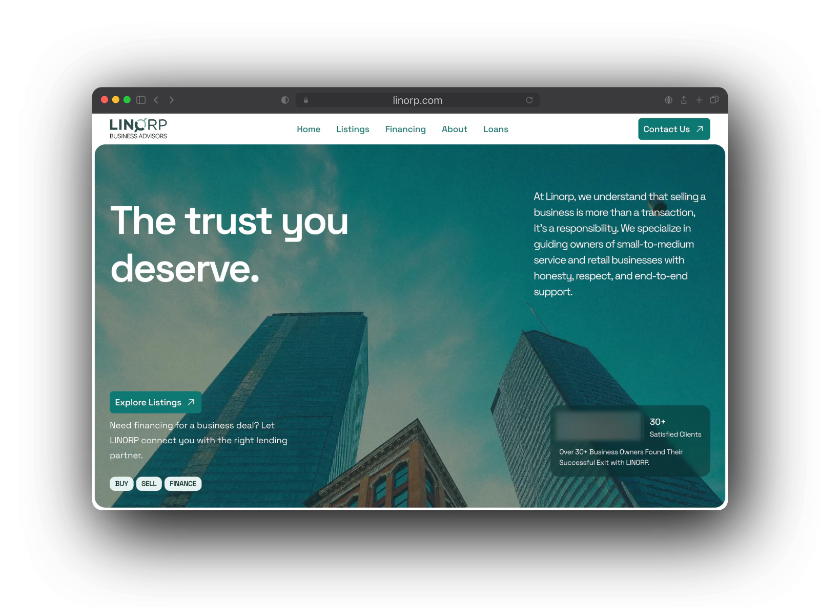The Linorp Business Advisors home page: The trust you deserve, over a teal tinted photo of office towers, with Explore Listings and Buy, Sell, Finance buttons.