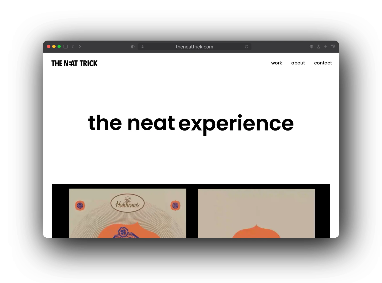 The Neat Trick home page: the neat experience in large type above their Haldiram's tea packaging work.