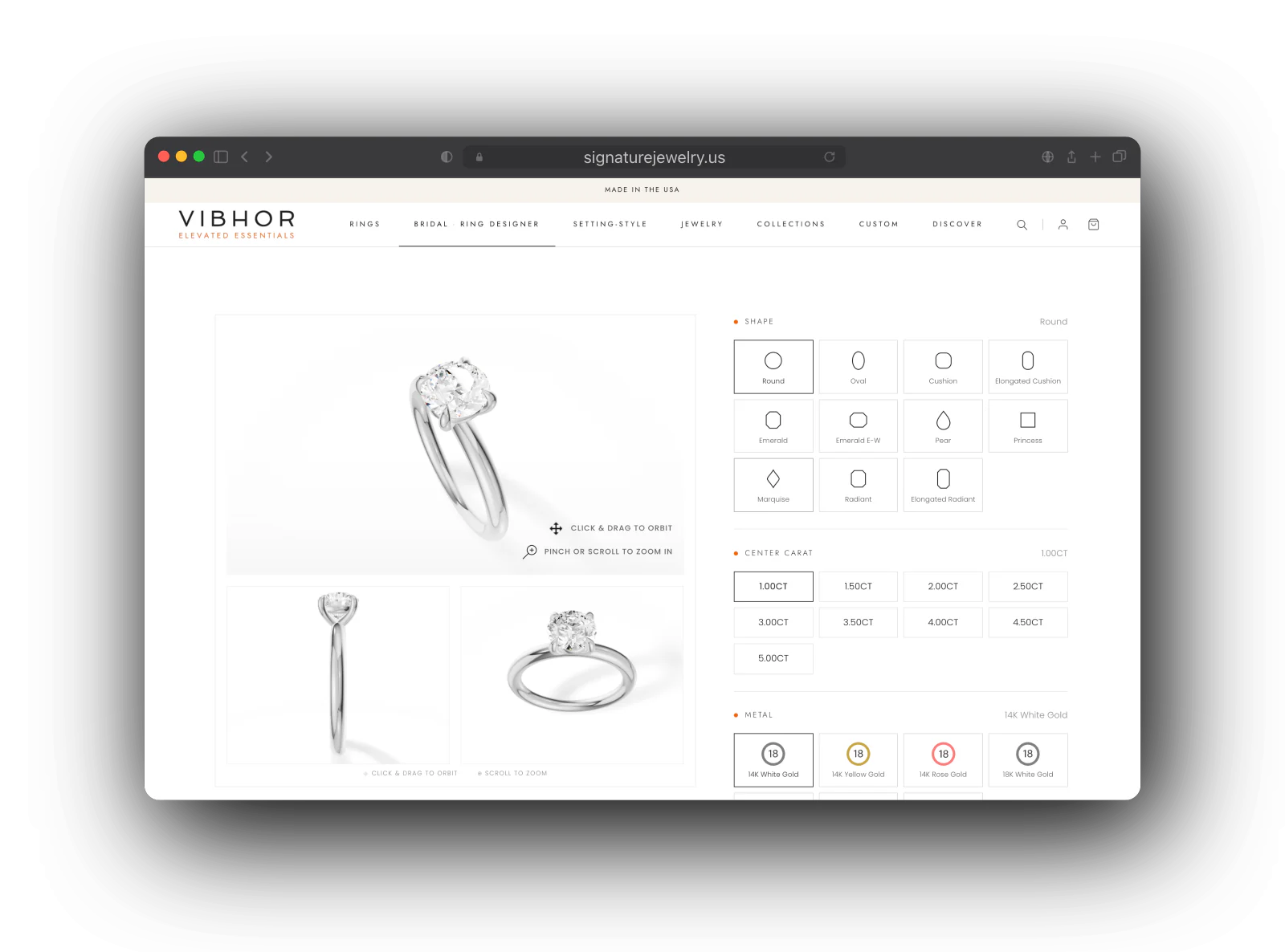 The Vibhor ring designer on signaturejewelry.us: a white gold four claw solitaire in three 3D views beside the shape, carat and metal options.