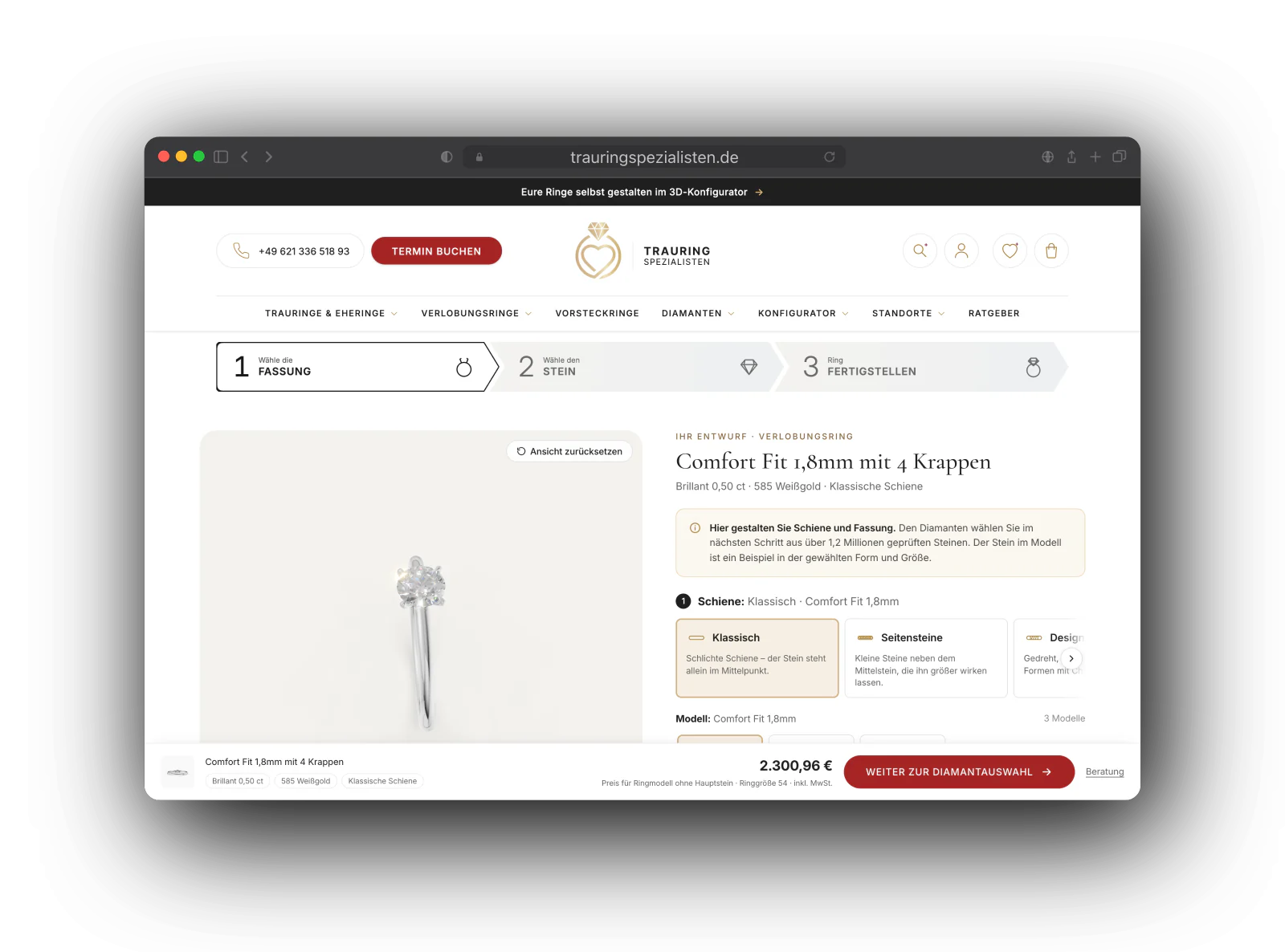 The Trauringspezialisten engagement ring configurator on its first of three steps: a white gold solitaire rendered in 3D beside the band style options and the price bar.