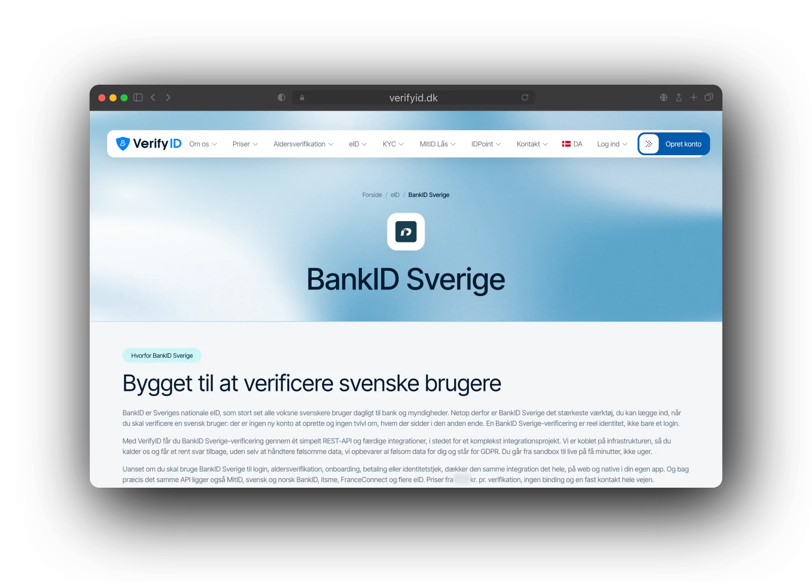 VerifyID's BankID Sverige page in Danish: the BankID mark and title, then Bygget til at verificere svenske brugere and the product description.
