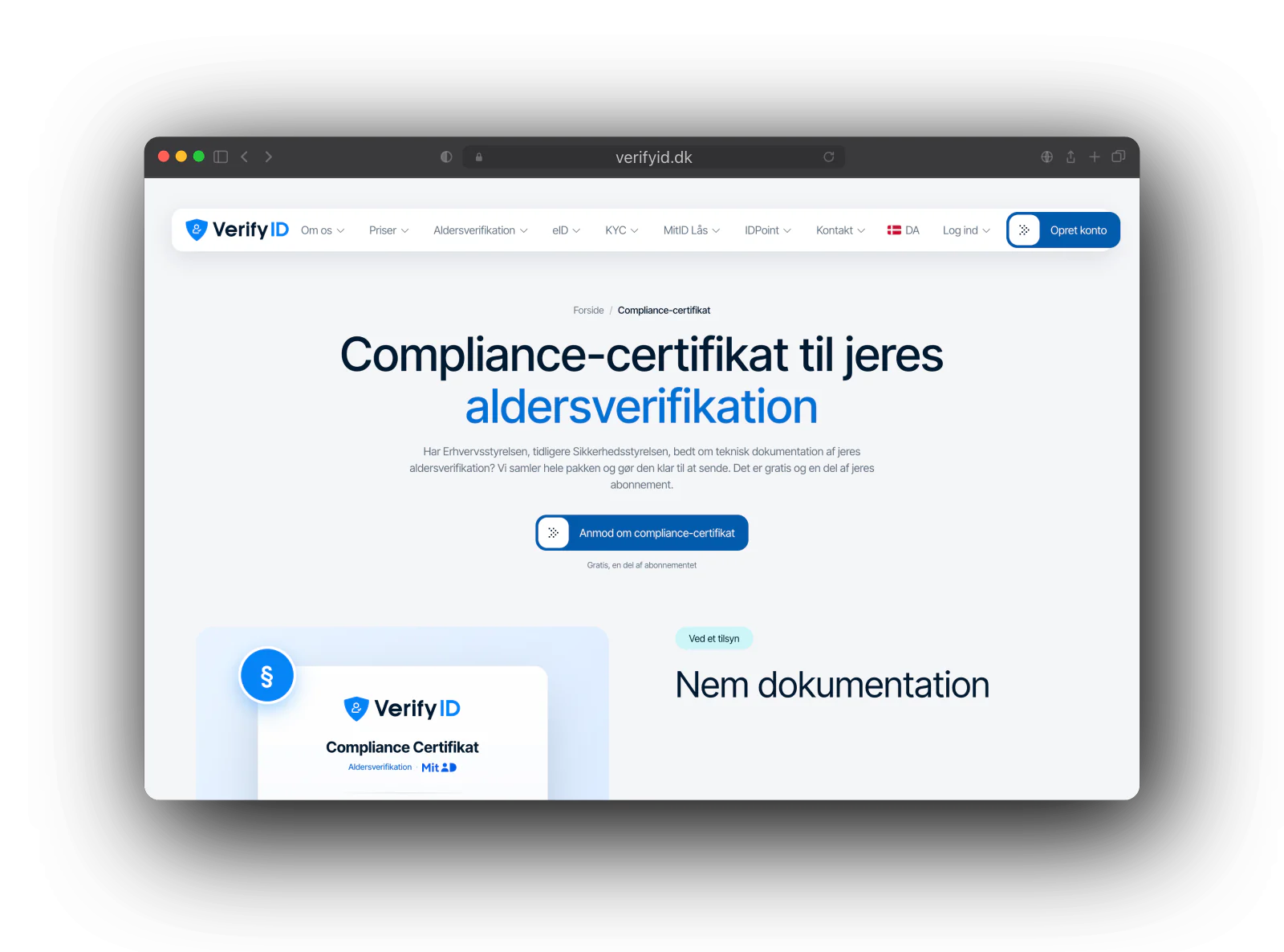 VerifyID's compliance certificate page in Danish: Compliance-certifikat til jeres aldersverifikation, a request button and a mock certificate card with the VerifyID and MitID marks.
