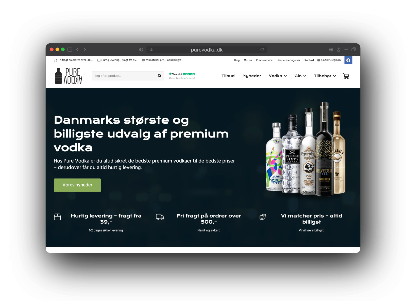 The Pure Vodka webshop home page in Danish: Danmarks største og billigste udvalg af premium vodka, with a row of premium vodka bottles.