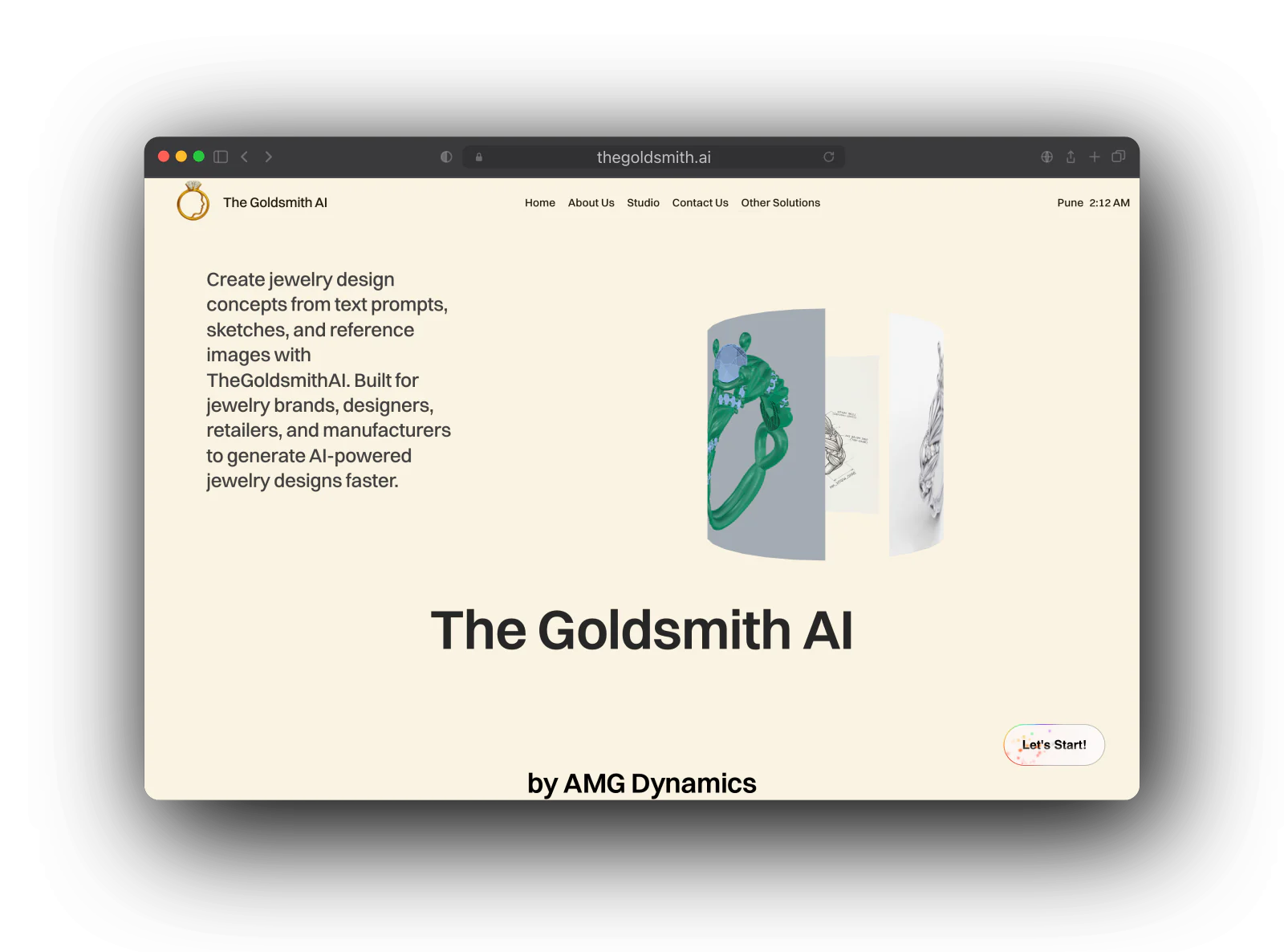 The Goldsmith AI homepage in a browser window: the line about creating jewellery designs from prompts, sketches and reference images, a turning stack of ring render cards, and the title by AMG Dynamics. The phone shows the title over a generated silver ring with a diamond.