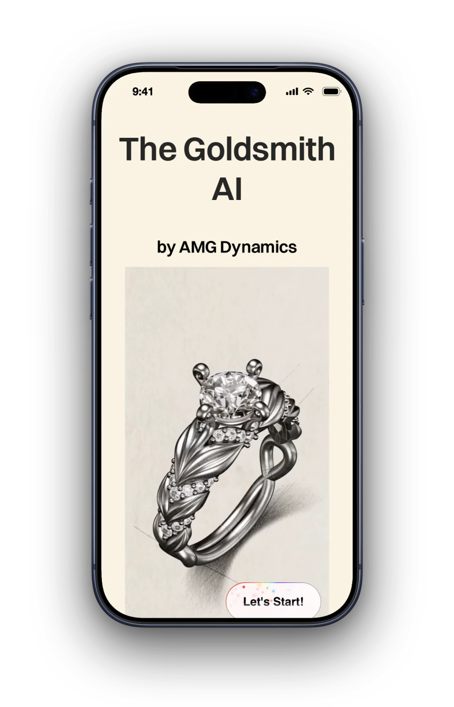 The Goldsmith AI homepage in a browser window: the line about creating jewellery designs from prompts, sketches and reference images, a turning stack of ring render cards, and the title by AMG Dynamics. The phone shows the title over a generated silver ring with a diamond.