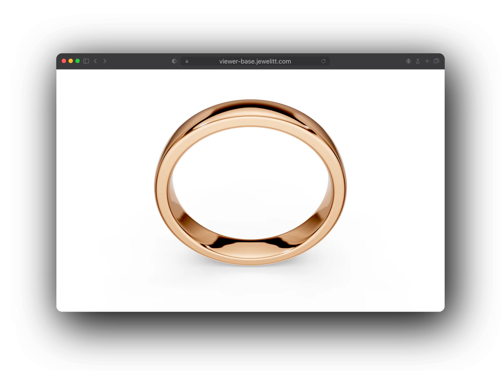 The Jewelitt wedding band viewer: a polished rose gold band rendered in 3D on a white background.