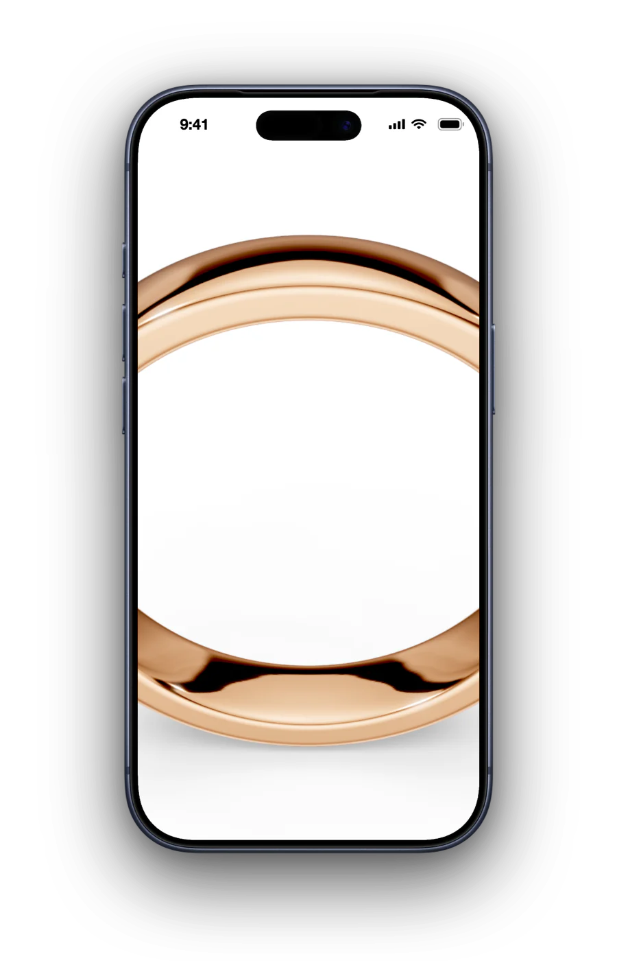 The Jewelitt wedding band viewer: a polished rose gold band rendered in 3D on a white background.