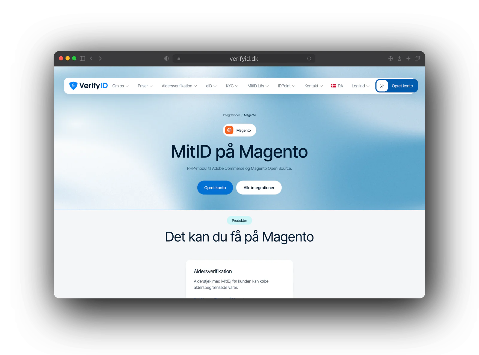 VerifyID integration page titled MitID på Magento, with the Magento badge, a line about a PHP module for Adobe Commerce and Magento Open Source, and the age verification card.