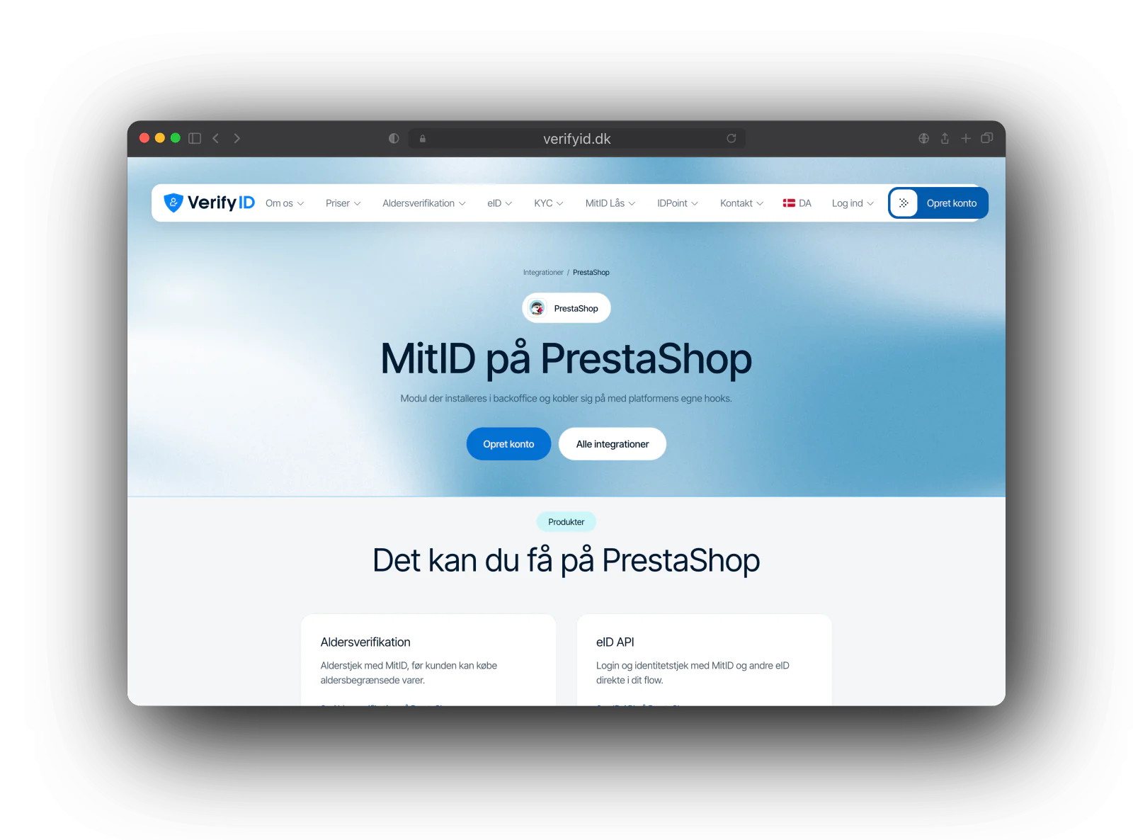 VerifyID integration page titled MitID på PrestaShop, with the PrestaShop badge, two buttons, and cards for age verification and eID API.