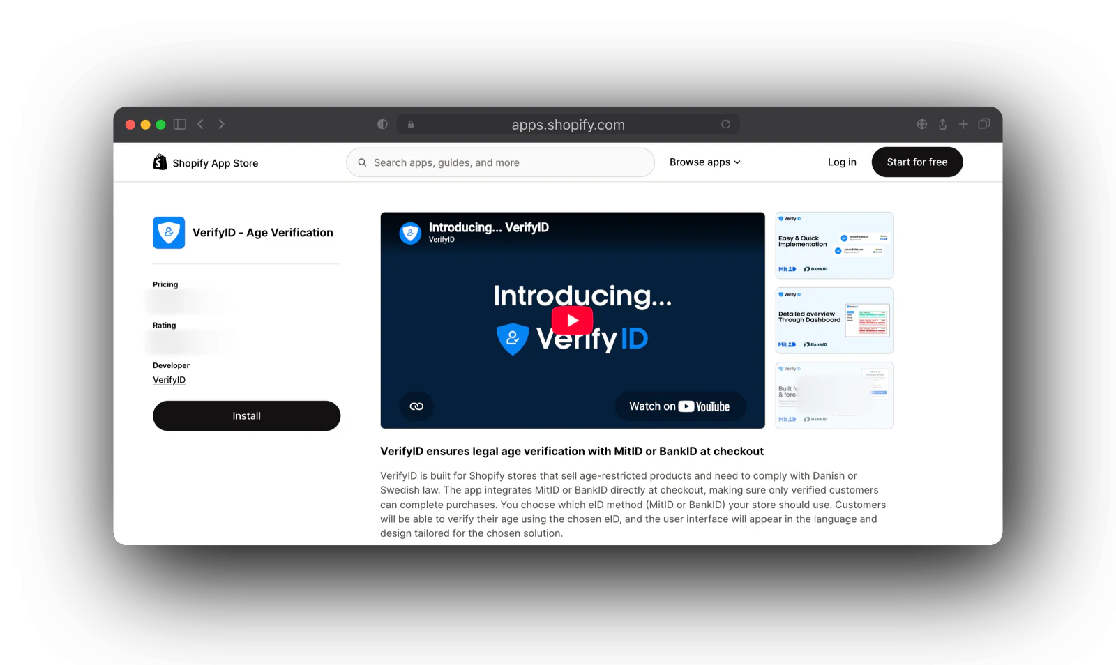 The VerifyID Age Verification listing on the Shopify App Store: the app icon and name, an Install button, an Introducing VerifyID video, screenshot thumbnails and the line VerifyID ensures legal age verification with MitID or BankID at checkout.