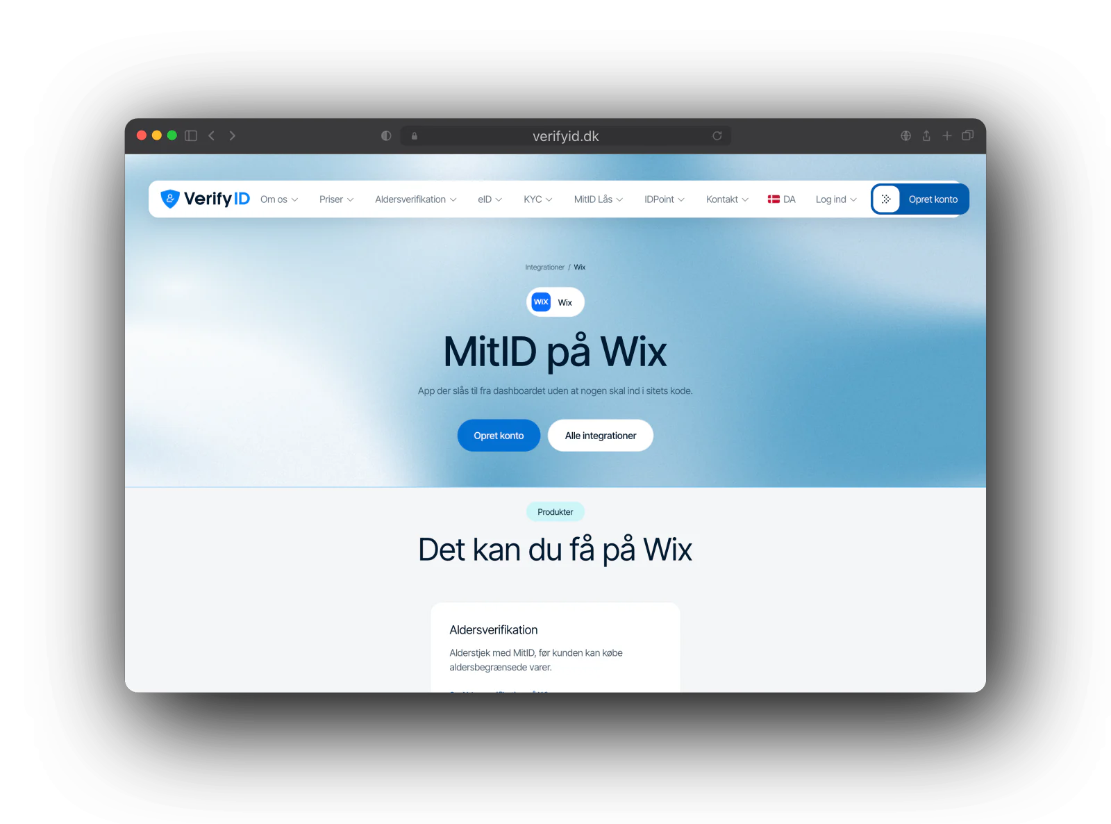 VerifyID integration page titled MitID på Wix, with the Wix badge, two buttons and the age verification card.