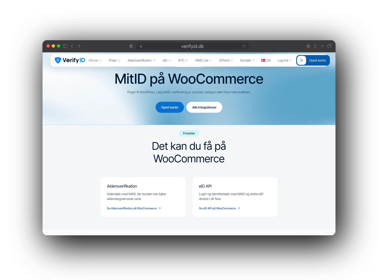 VerifyID integration page titled MitID på WooCommerce, with the WooCommerce badge, two buttons, and cards for age verification and eID API on WooCommerce.